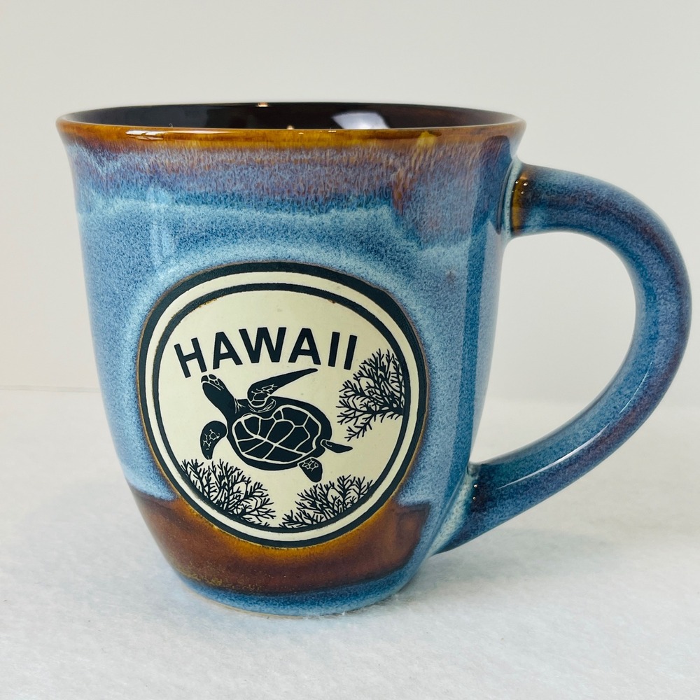 Hawaii Honu Sea Turtle Blue Brown Reactive Glaze Ceramic Coffee Mug Souvenir